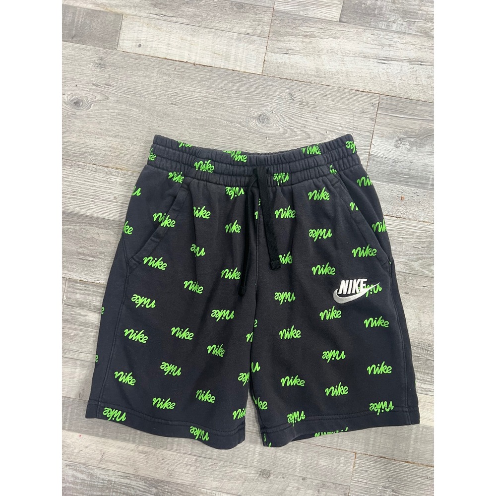 Nike Boys Shorts Large Black Lime Green All Over Script Logo Fleece DA0854-010
